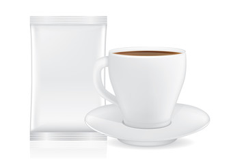 White coffee cup and saucer near blank sachet small size isolated on white. This illustration for pack shot of coffee, tea, or other drink.