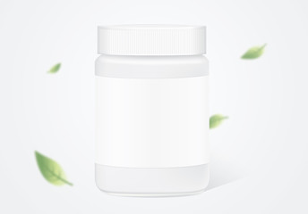 Glass jar empty transparent on blue background have falling leaves blowing in the wind.