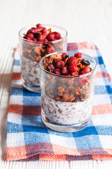 Homemade granola in open glass jar