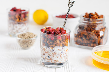 Homemade granola in open glass jar