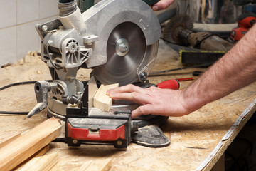 Carpenter working. Carpenter tools on wooden table with sawdust. Carpenter workplace top view