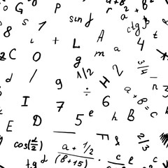 Letter drawing on a blackboard. Alphabet vector. Number and text. Seamless pattern background school.