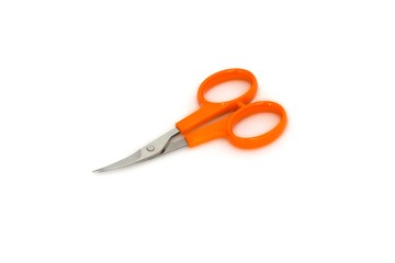 Scissors with orange handles on a white background