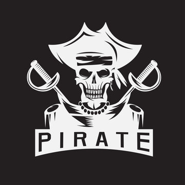 skull captain pirate in hat with swords vector design template