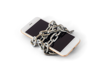 Modern mobile phone with chain locked isolate on white background with clipping path. Concept of social network issues, forgot password, information security, robbery or piracy