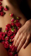 Zmysłowe nagie kobiece ciało z kwiatami róż - obrazy, fototapety, plakaty