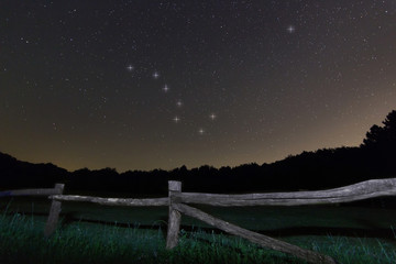 Old fence. Starry night Polaris star, Ursa Major,Big Dipper constellation Beautiful night sky. Clear sky concept and background