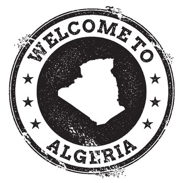 Vintage passport welcome stamp with Algeria map. Grunge rubber stamp with Welcome to Algeria text, vector illustration.