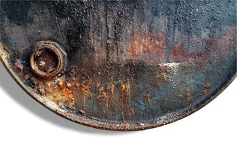 Close up of old rusted and dirty metal oil storage barrel isolated on white background
