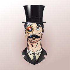 Gentleman with monocle, mustache and top hat