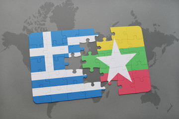 puzzle with the national flag of greece and myanmar on a world map background.