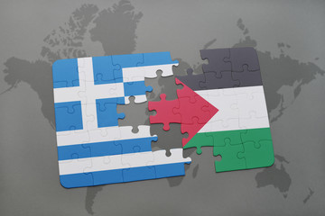 puzzle with the national flag of greece and palestine on a world map background.