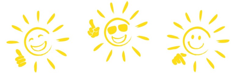 set of happy sun icons with different hand signals - obrazy, fototapety, plakaty
