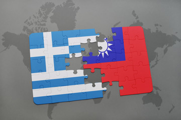 puzzle with the national flag of greece and taiwan on a world map background.