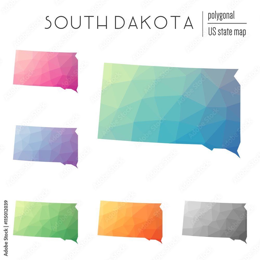 Aufkleber set of vector polygonal south dakota maps. bright gradient map of the us state in low poly style. mu