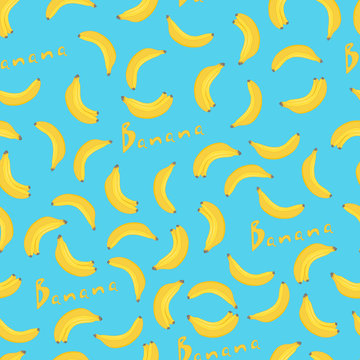 Banana seamless pattern. Yellow bananas on a blue background.