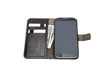 Smartphone with money and a card in a case