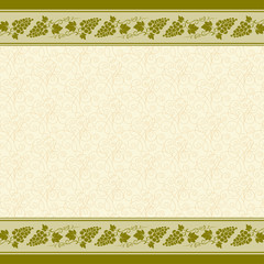 Decorative borders and background with bunches of grape, grape leaves, swirls. Seamless pattern swatch is included.