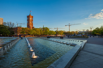 Berlin's Rotes Rathaus and water cascades at Alexanderplatz