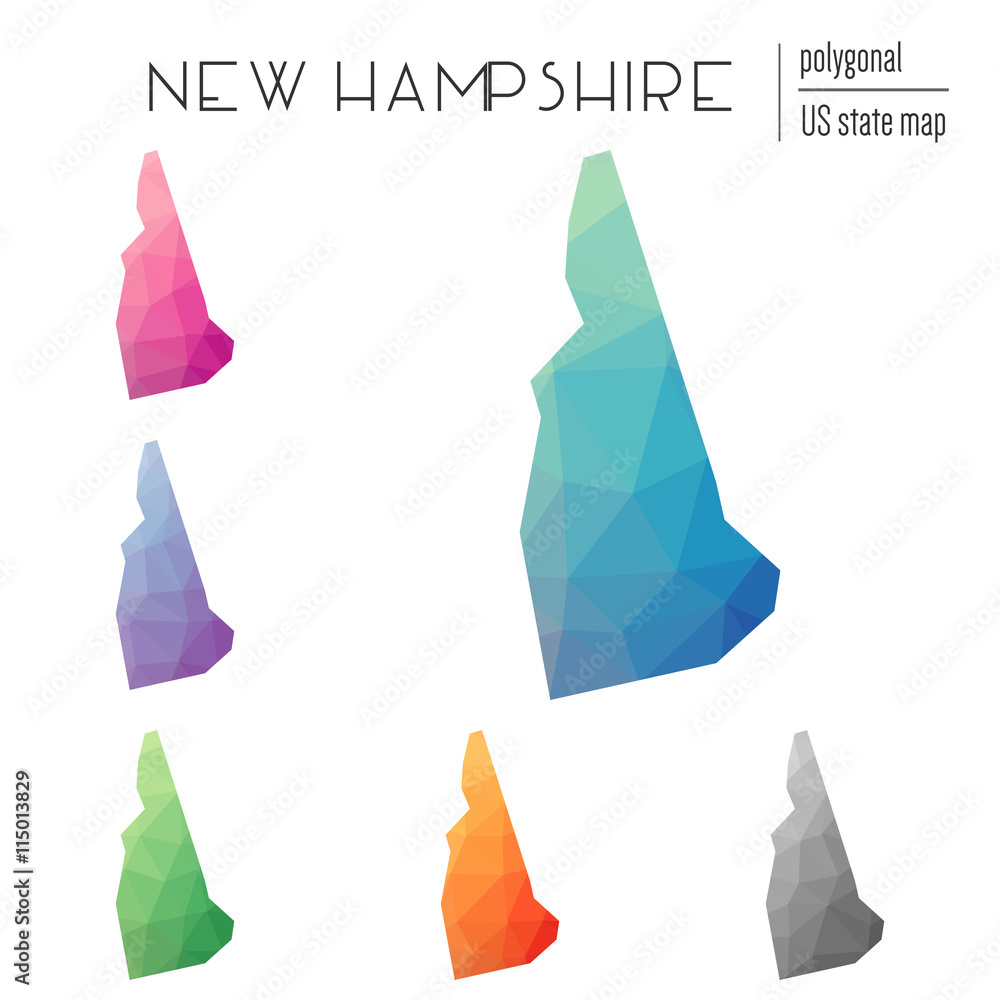 Poster set of vector polygonal new hampshire maps. bright gradient map of the us state in low poly style. m