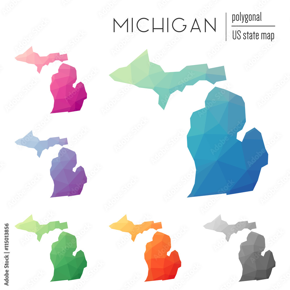 Poster set of vector polygonal maps of michigan in bright gradient colors, showcasing low poly style for in