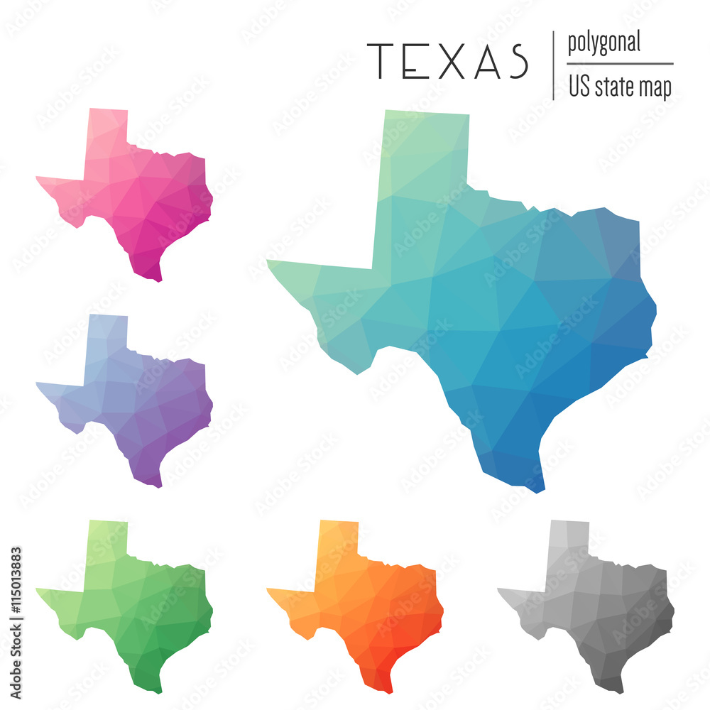 Poster set of vector polygonal texas maps. bright gradient map of the us state in low poly style. multicolo