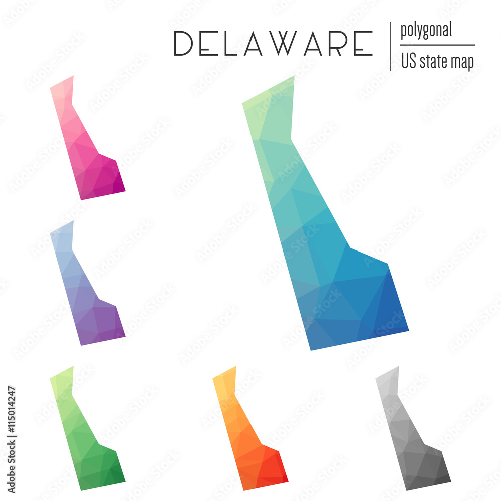 Poster set of vector polygonal delaware maps. bright gradient map of the us state in low poly style. multic