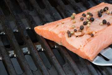Frischer Lachs gegrillt. Ein Stück Lachsfilet mit Pfefferkörnern wird auf den Grill gelegt.