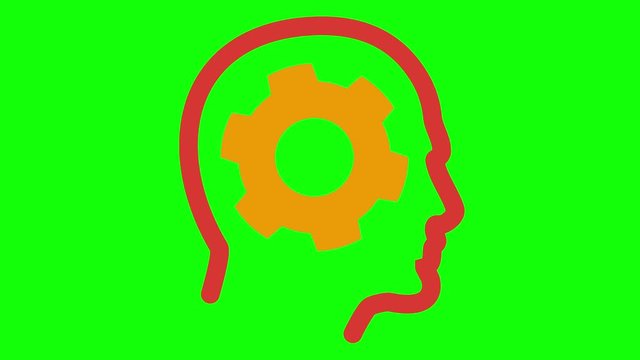 Cog rotate inside human head. Brain Mechanics with spinning element. Available in 4K FullHD and HD video 2D render footage on green screen chroma key. Animation logo icon for yours presentation.