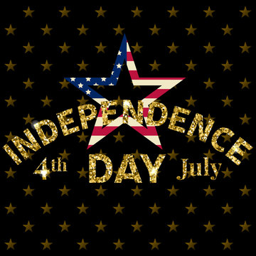 Gold glitter Independence day USA greeting card, flyer. July fourth poster. Patriotic banner for website template. Usable for 4th of July greeting card, banner, background, logo. Vector illustration.