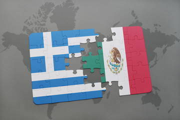 puzzle with the national flag of greece and mexico on a world map background.