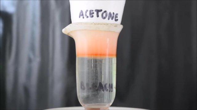 Chemistry of acetone (nail polish remover). Dissolving polystyrene and turning orange on oxidisation in bleach, with impurities precipitating out of solution
