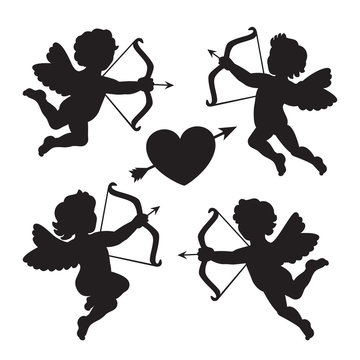 Black silhouette of a cupids. Design for Valentines day. Vector
