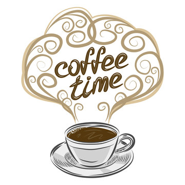 Cup of coffee with text and ornaments. Vector Illustration.