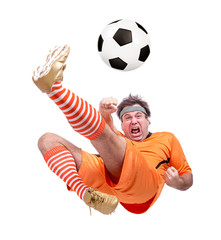 Jumping soccer football player kicking the ball isolated on a white background
