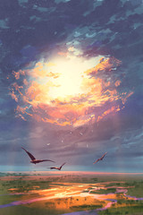 Obraz premium złote promienie przebijające się przez chmury lśniące na ziemi, malarstwo pejzażowe