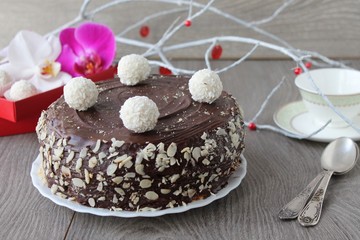 carrot cake with apple cream and chocolate glaze