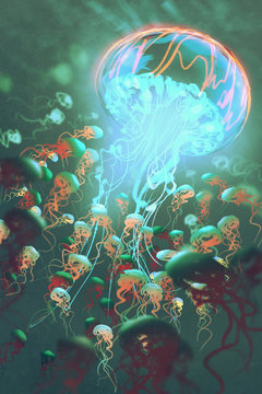 king of jellyfish in the crowd,fantasy underwater concept,illustration painting