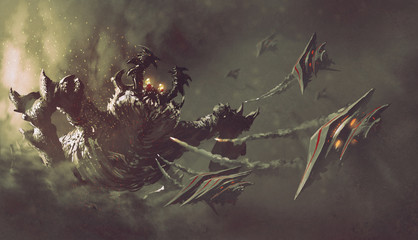 battle between spaceships and monster,sci-fi concept illustration painting © grandfailure