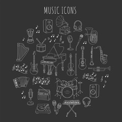 Naklejka premium Music icon set vector illustrations hand drawn doodle. Musical instruments and symbols piano, guitar, synthesizer, drum set, gramophone, microphone, violin, trumpet, accordion, saxophone, headphones.
