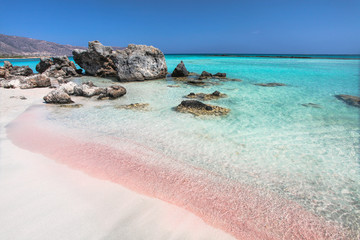 Coast of Crete island in Greece. Pink sand beach of famous Elafonisi (or Elafonissi).