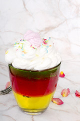 Colorful jelly with whipped cream and candy topping