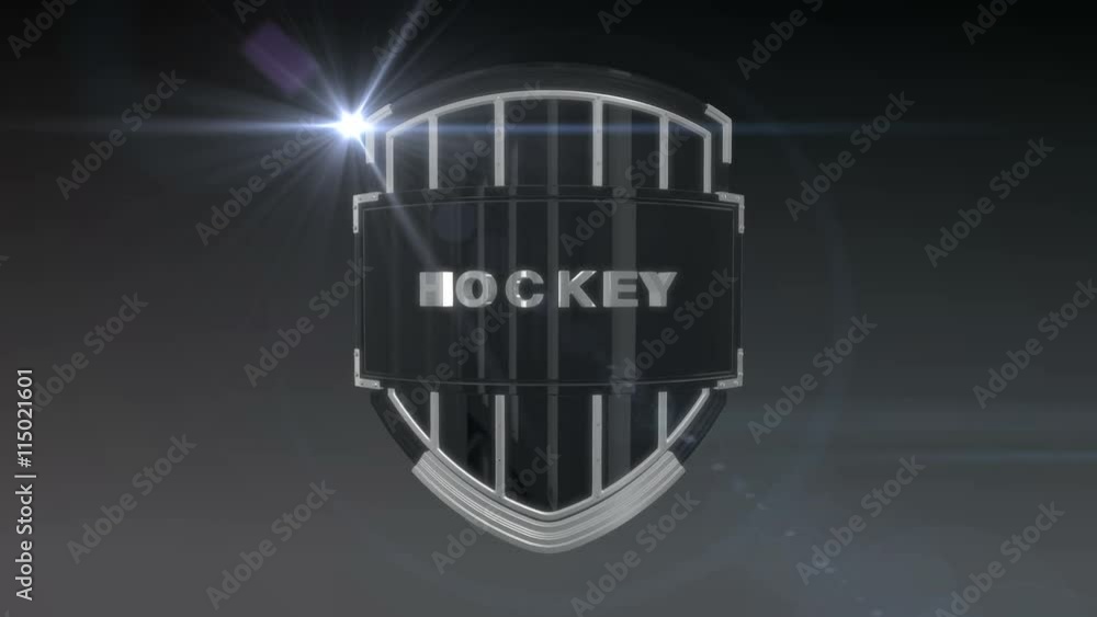 Poster seamless looping 3d animation of the word hockey on a shield – chrome version; including alpha matte