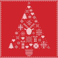 Fototapeta na wymiar Scandinavian Norwegian style winter stitching Christmas pattern in tree shape including snowflakes, hearts, Xmas trees, snow, stars, decorative ornaments, reindeer on red background 