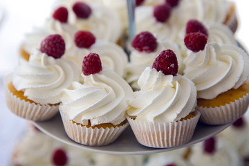 finished cupcakes with white cream and raspberries