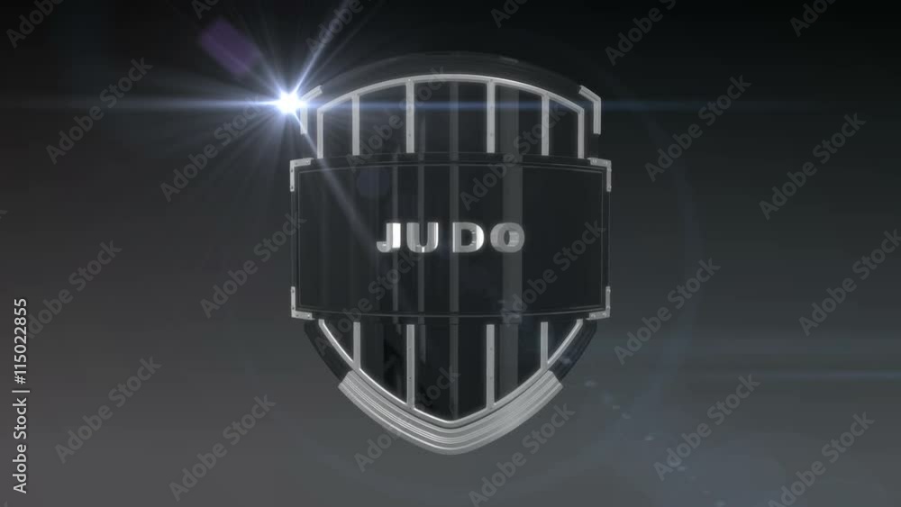 Poster seamless looping 3d animation of the word judo on a shield – chrome version; including alpha matte