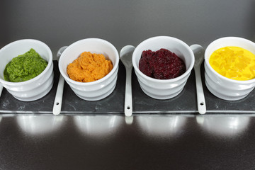 Healthy snacks - four colorful vegetable mousses