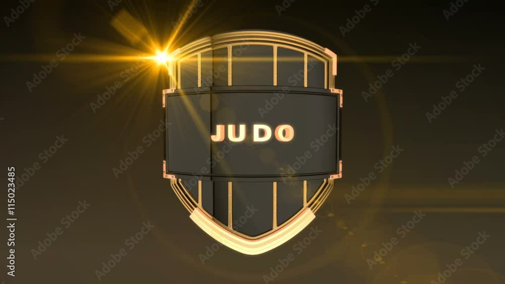 Poster seamless looping 3d animation of the word judo on a shield – orange light version; including alpha m