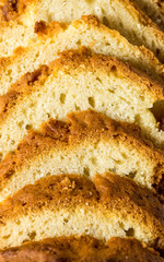 Sponge cake cut into many equal pieces.
