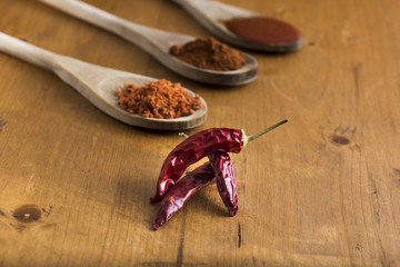 red chili pepper , some whole, some ground, some chopped and some homemade sauce on wooden table